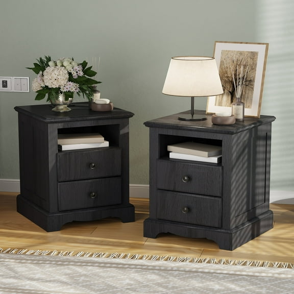 OKD Nightstand Set of 2 with Charging Station, Rustic End Table with 2 Drawers Farmhouse Side Table with 3-tier Storage Space Bedside Cabinet for Bedroom Living Room, Espresso