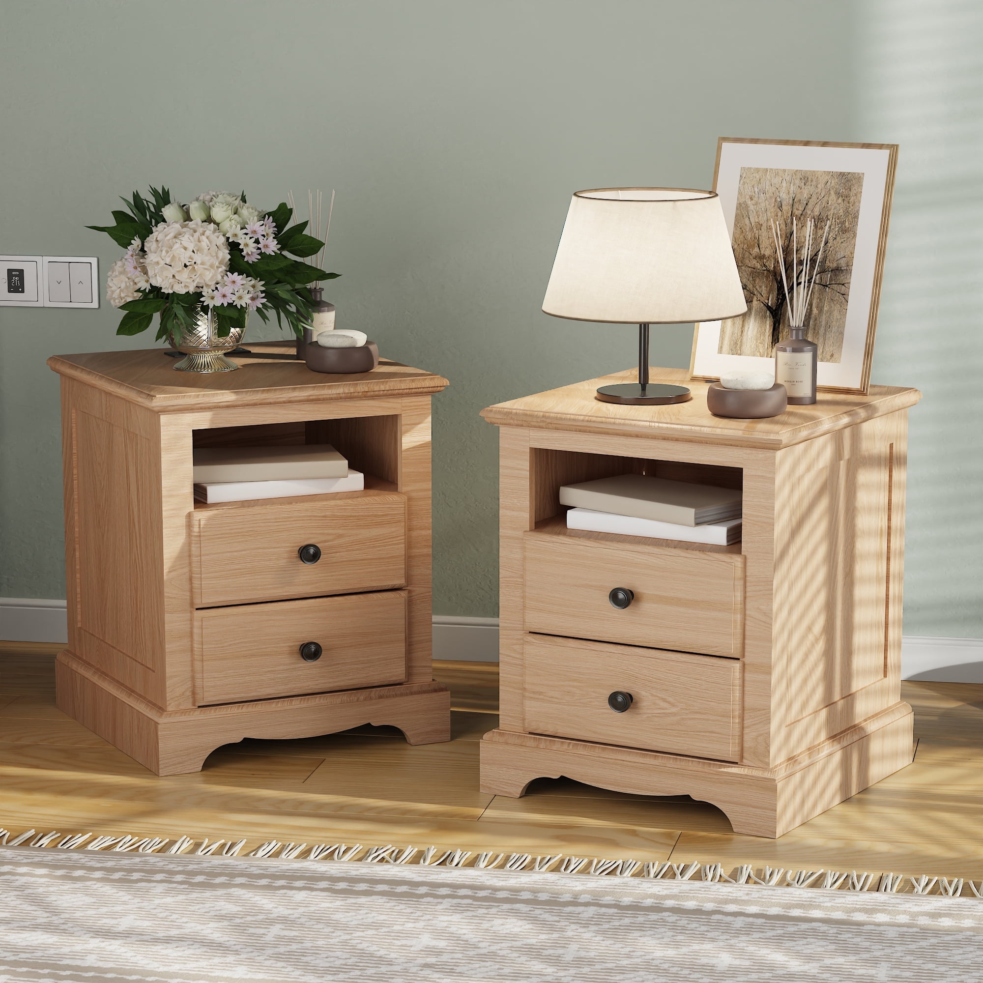 OKD Nightstand Set of 2 with Charging Station, Rustic End Table with 2 Drawers Farmhouse Side Table with 3-tier Storage Space Bedside Cabinet for Bedroom Living Room, Natural Oak