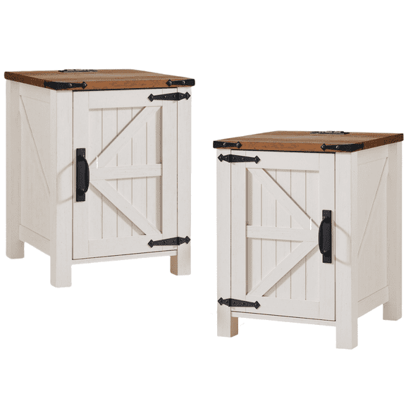 OKD Nightstand Set of 2 with Charging Station, Farmhouse Rustic Wood Side Table for Living Room, End Table for Bedroom, Antique White