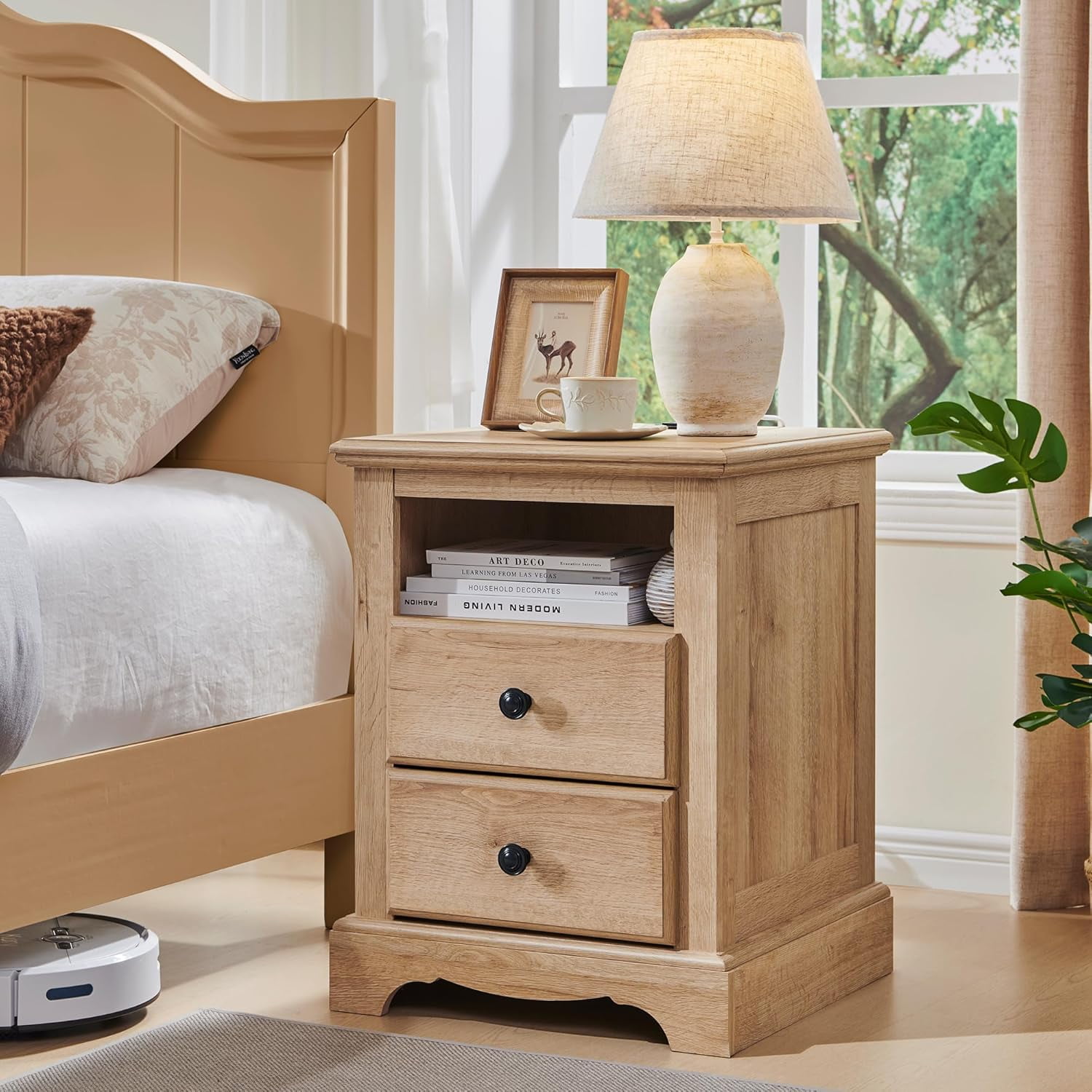 OKD Nightstand with Charging Station, End Table with 2 Drawers, Wood Rustic Bedside Tables with Open Storage Shelf，Natural Oak
