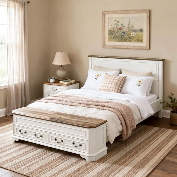 OKD Queen Size Bed Frame with Minimalist Headboard,Farmhouse Bedroom Furniture,Platform Bed with 64" Storage Chest with Four Drawers