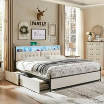 OKD Queen Size LED Bed Frame with 4 Storage Drawers, Farmhouse Upholstered Platform Bed Frame with Charging Station, Antique White