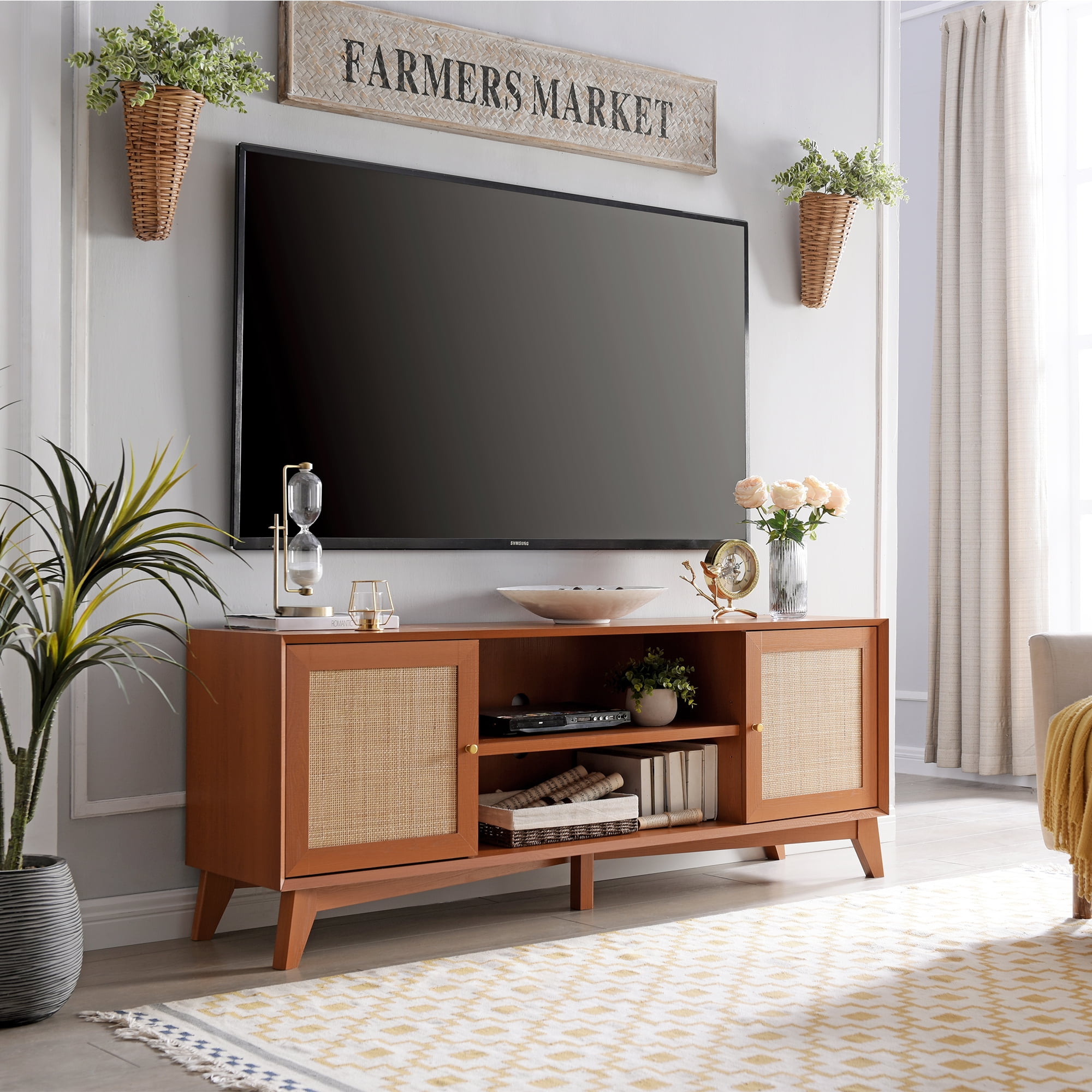OKD Rattan TV Stand for a 75inch TV，Wood TV Console Entertainment