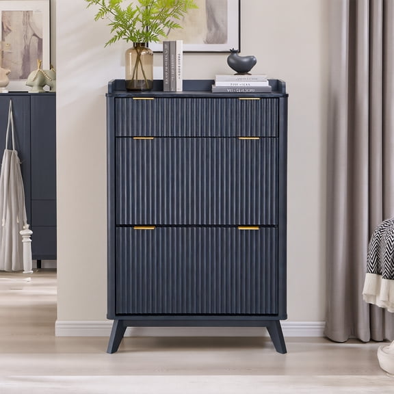 OKD Shoe Cabinet Storage with 2 Flip Drawers & Top Drawer, Freestanding Narrow Wood Shoe Rack Organizer with Fluted Panel for Hallway, Closet - Dark Grey