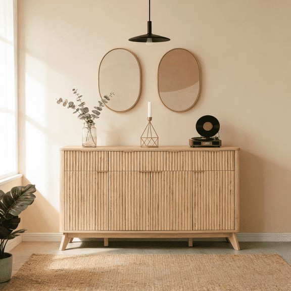 OKD Sideboard Cabinet Set 60-Inch Fluted Design Storage Cabinet With 3 Drawers 4 Doors For Bedroom, Living Room, Hallway