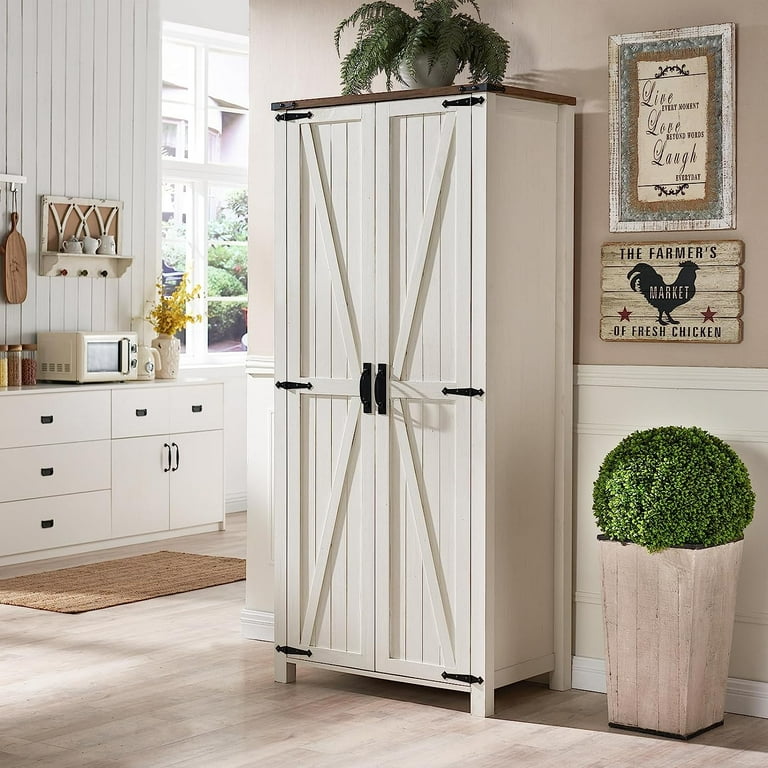 OKD Storage Pantry Cabinet with 2 Doors and Adjustable Shelves Antique White