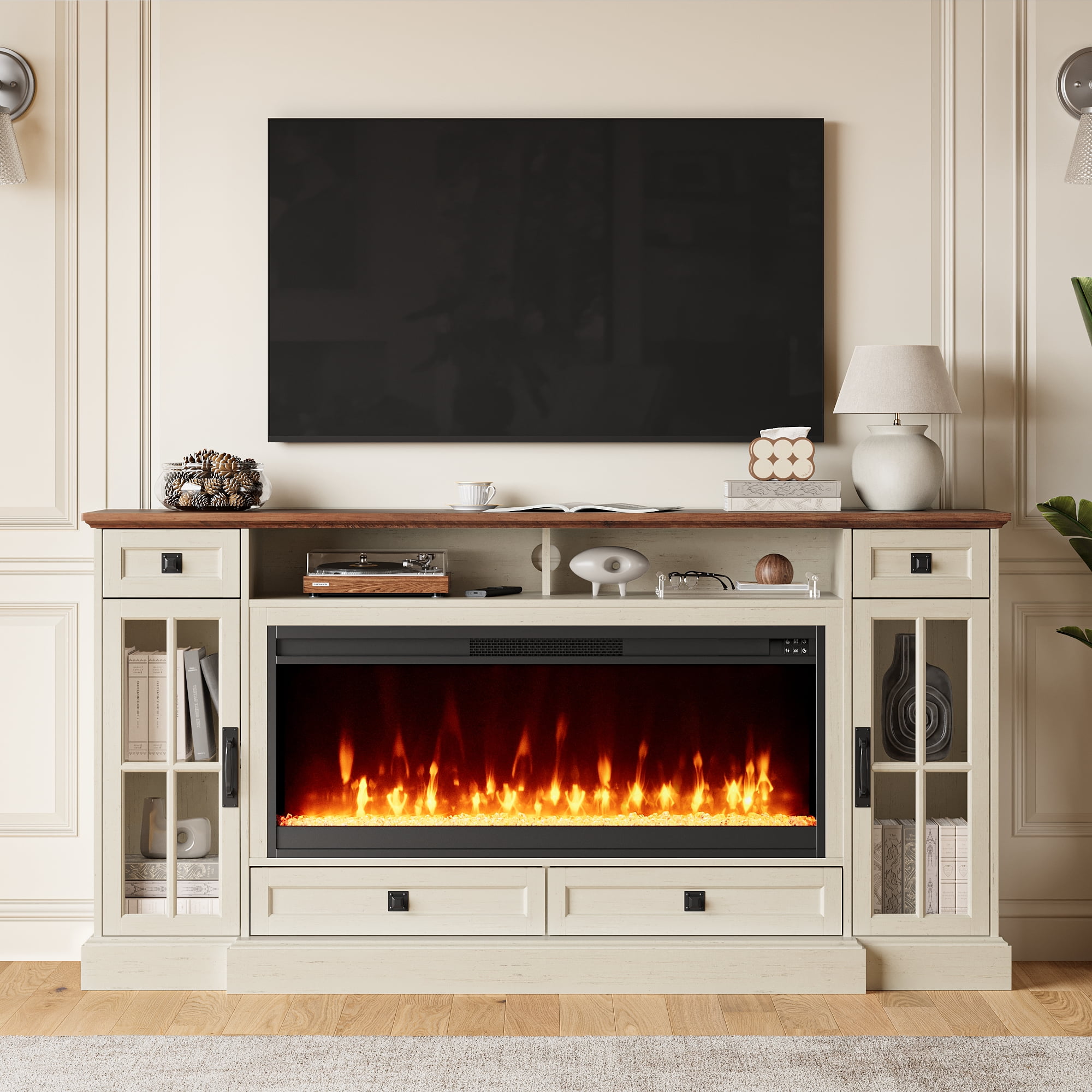 OKD TV Stand with Fireplace for 80 inch TVs, Farmhouse Entertainment Center with Storage, Antique White