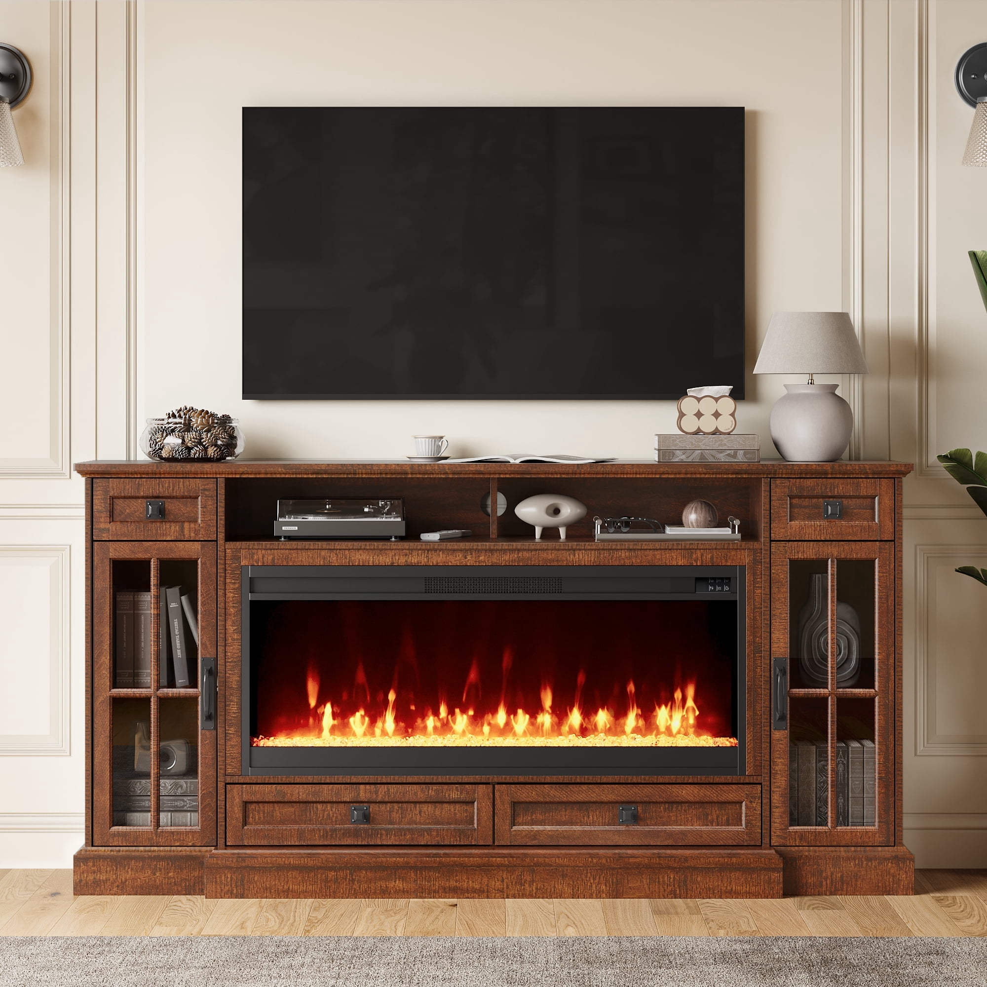 OKD TV Stand with Fireplace for 80 inch TVs, Farmhouse Entertainment Center with Storage, Reclaimed Barnwood