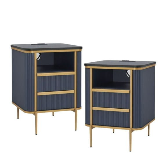 OKD Modern Fluted Nightstand Set of 2 with Charging Station, 2 Drawer Bedside Table/End Table with Faux Marble Tabletop & Gold Metal Decor, Navy Blue