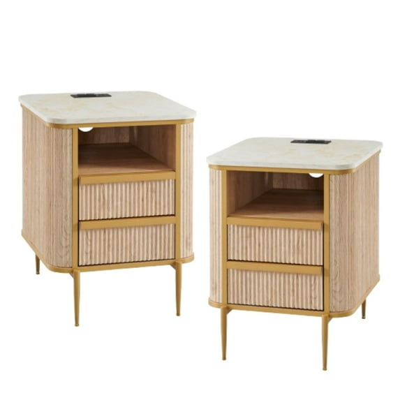 OKD Modern Fluted Nightstand Set of 2 with Charging Station, 2 Drawer Bedside Table/End Table with Faux Marble Tabletop & Gold Metal Decor, Natural Oak