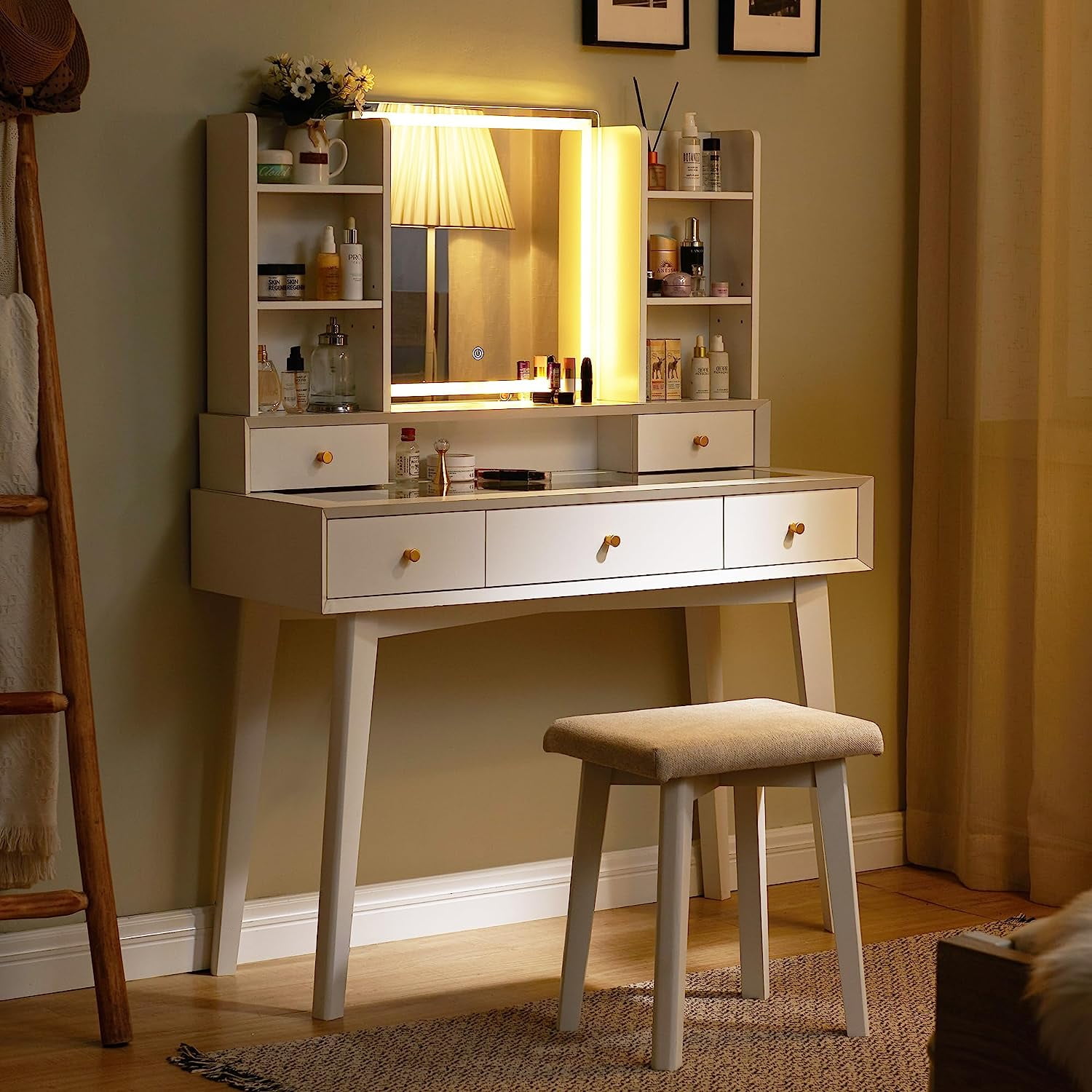 OKD Vanity Desk with Lighted Mirror, Makeup Vanity Table with 5 Drawers