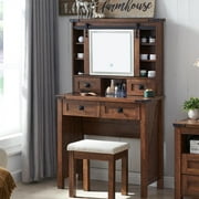 OKD Vanity Set with 3 Color Lighted Sliding Mirror, Makeup Table with 4 Storage Drawers, Dressing Table Makeup Desk with Stool, Reclaimed Barnwood