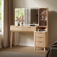 thumbnail image 1 of KeyWhat 48" Fluted Vanity Desk with 36" Mirror and Lights, Modern Makeup Table with 5 Drawers, Charging Station, Adjustable Shelves - Oak, 1 of 8