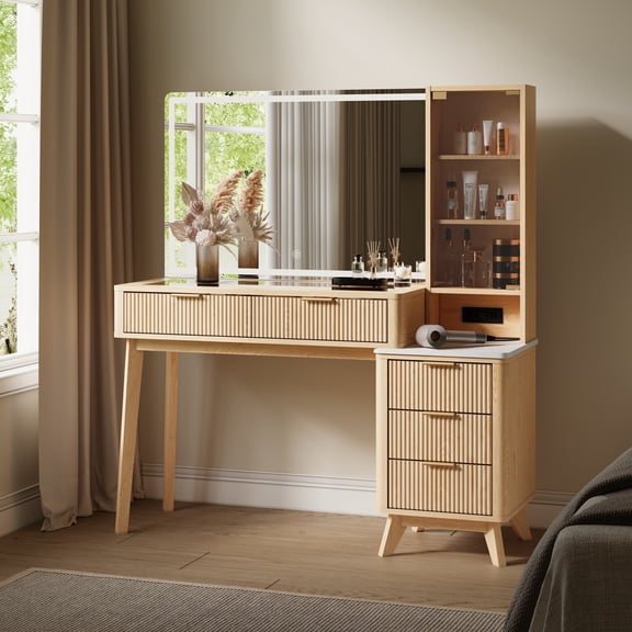 OKD 48" Fluted Vanity Desk with 36" Mirror and Lights, Modern Makeup Table with 5 Drawers, Charging Station, Adjustable Shelves - Oak