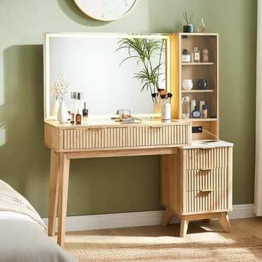OKD Vanity Table with Lighted Mirror and 5 Drawers , Makeup Table with Charging Station for Bedroom,Oak
