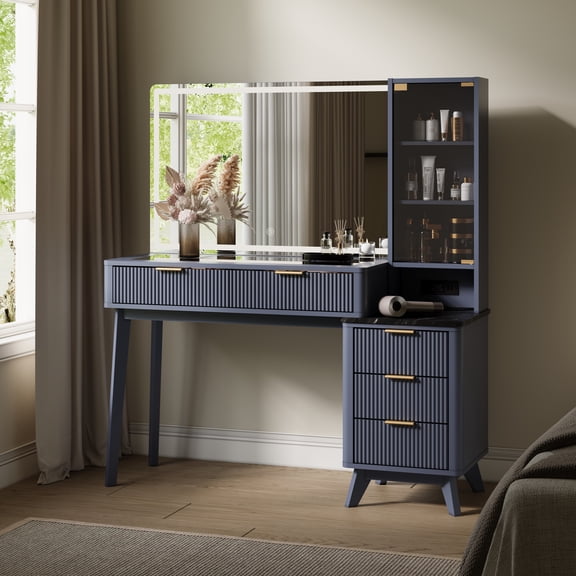 OKD 48" Fluted Vanity Desk with 36" Mirror and Lights, Modern Makeup Table with 5 Drawers, Charging Station, Adjustable Shelves - Dark Gray