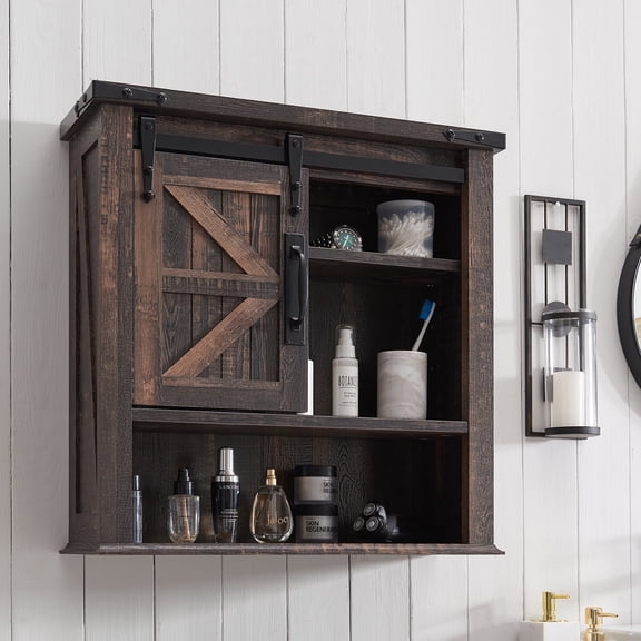 OKD Wall Storage Cabinet with Barn Door & 3 Shelves Farmhouse Wooden Bathroom Wall Mounted Medicine Cabinet Organizer Spacesaver for Kitchen Laundry Room Hotels Home, Light Rustic Oak