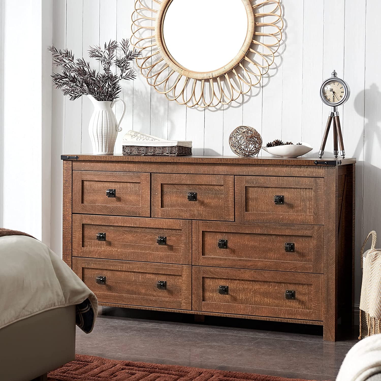 OKD Wood Farmhouse 7 Drawers Dresser Storage Cabinet, Reclaimed Barnwood