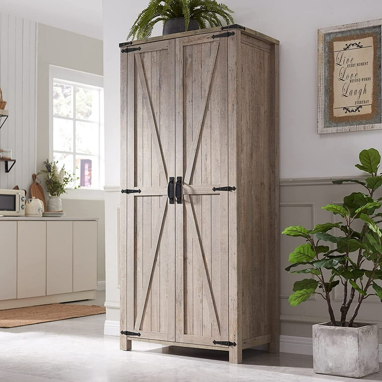 OKD Farmhouse 72 Tall Storage Cabinet with 2 Barndoor Adjustable Shelves Rustic Armoire Cabinet with Hanging Rod for