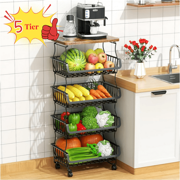 OKENTEN Fruit Vegetable Basket for Kitchen, 5 Tier Stackable Fruit Vegetable Storage Organizer with Wheels, Metal Wire Storage Organizer Cart