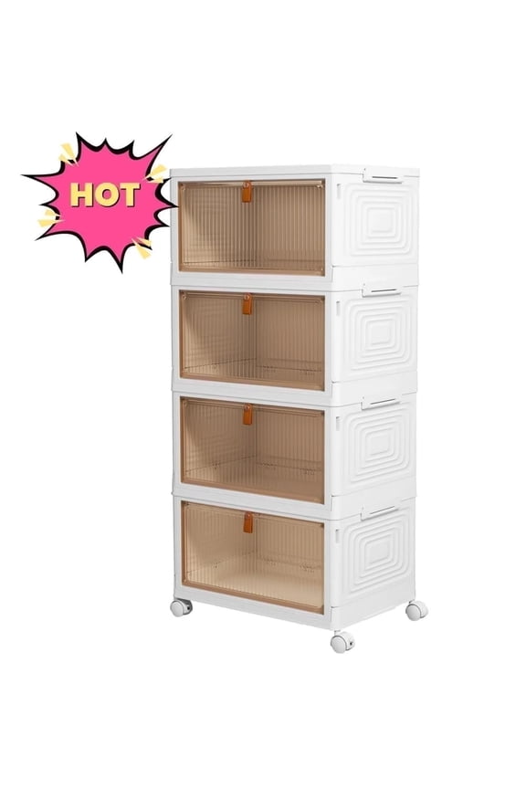 Rolling Wheeled Plastic Storage Bins with Lid, 4-Tier Stackable Folding Storage Containers, 92 Qt Capacity