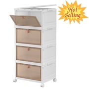 OKENTEN Stackable Storage Boxes with Magnetic Lids, 4-Tier Clear Plastic Organizer with Wheels for Home
