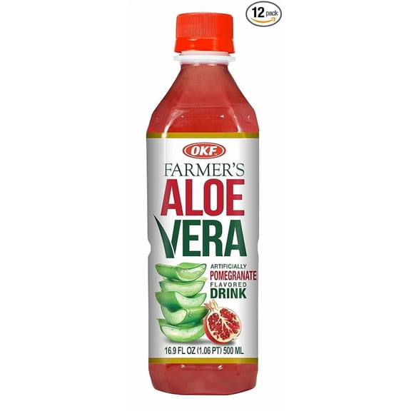 OKF Farmers Aloe Vera Pomegranate Case of 12 (16.9 oz Bottles) | Aloe Vera Hydrating Wellness Drink with Pomegranate Flavor | Refreshing Digestive Beverage for Daily Hydration