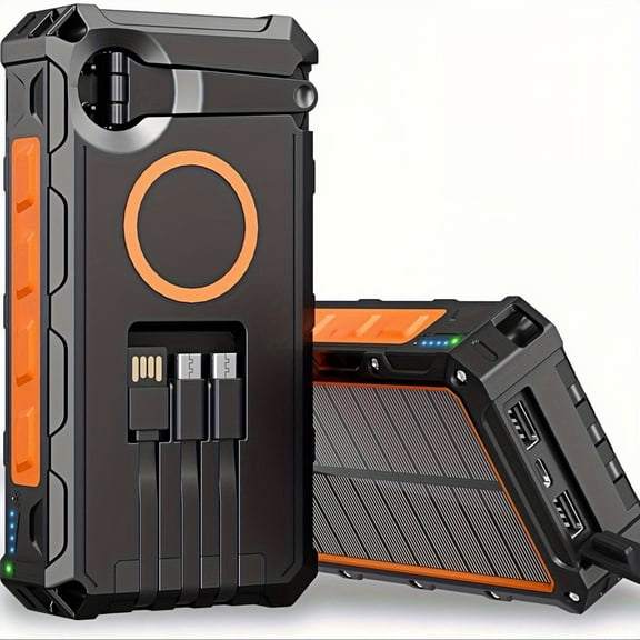 OKG Solar Portable Power Bank 30000mAh, 15W Fast Wireless Charger with Hand Crank Generator, 3 Built-in Charging Cables, SOS Alarm, Strobe & Bright LED Flashlight, Outdoor Backup Battery, Orange