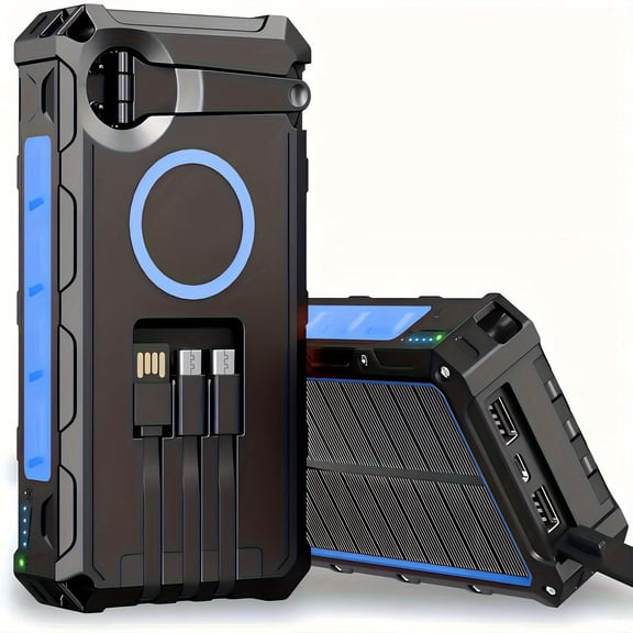 OKG Solar Portable Power Bank 30000mAh, 15W Fast Wireless Charger with Hand Crank Generator, 3 Built-in Charging Cables, SOS Alarm, Strobe & Bright LED Flashlight, Outdoor Backup Battery for Hiking
