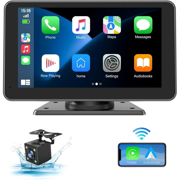 OKG Wireless Apple Carplay Screen for Car, 7" HD Touchscreen with Portable Apple Carplay & Android Auto Car Stereo with Backup Camera, GPS Navigation/Mirror Link/Voice Control/Bluetooth