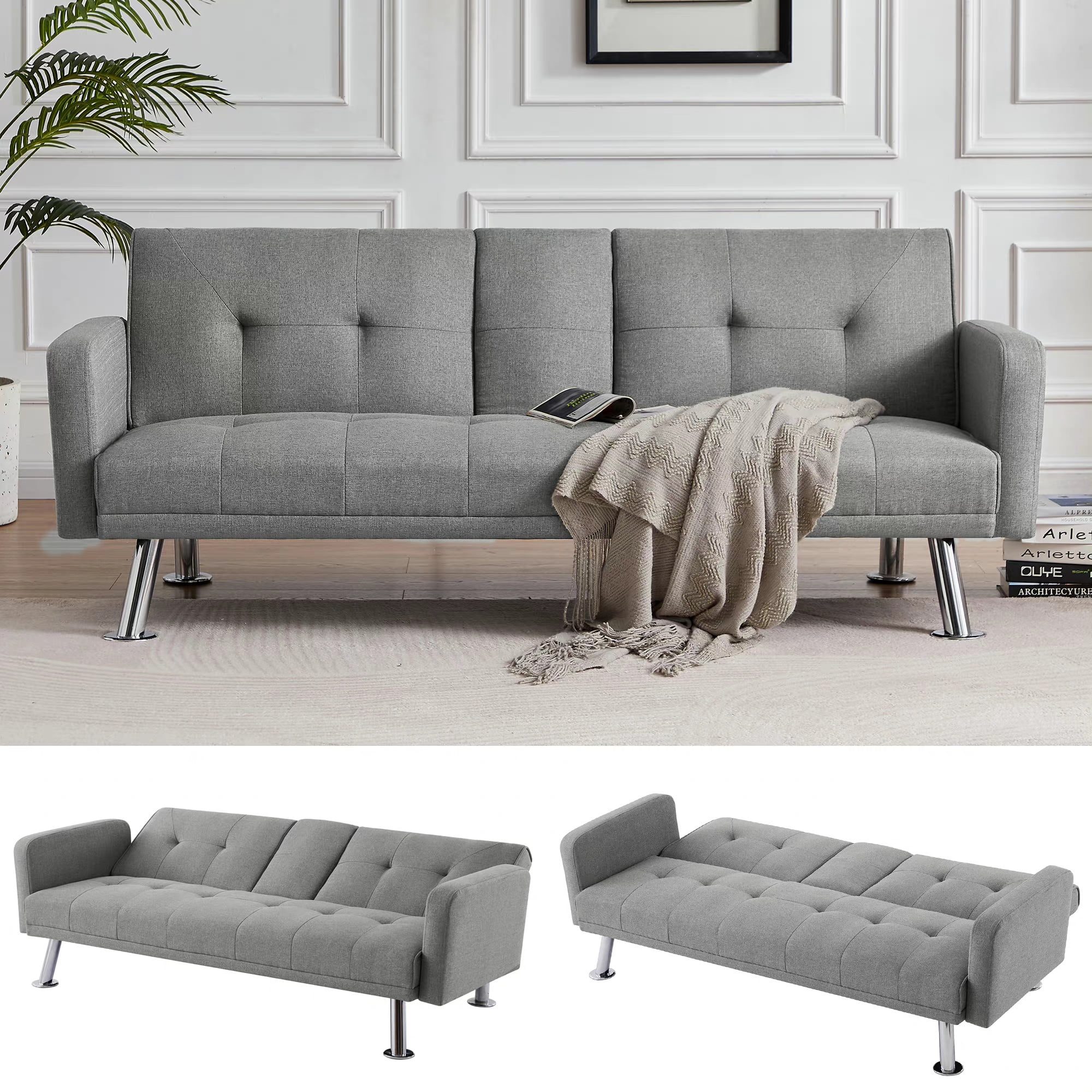 OKK Futon Sofa Bed Tufted Back Sleeper Sofa with 2 Cup Holders and