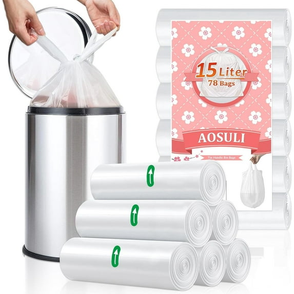 OKKEAI 15l White Tie Handles Bthroom Garbage Bags, Small Trash Bags ,78 per pack, for Toilet,Bedroom,Office.