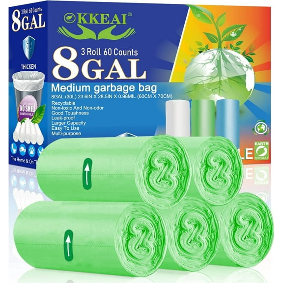 OKKEAI 8-Gallon Durable Leakproof Kitchen Trash Bags, 60 Bags, Green