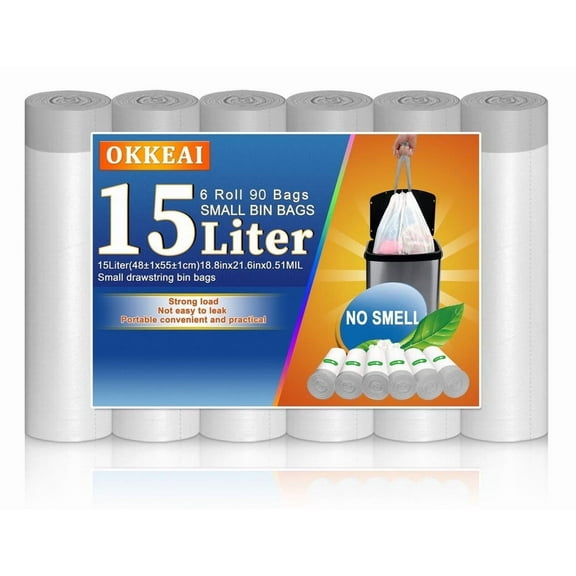 OKKEAI 4 Gallon Trash Bags Drawstring Garbage Bags for Bathroom,90 Counts,White