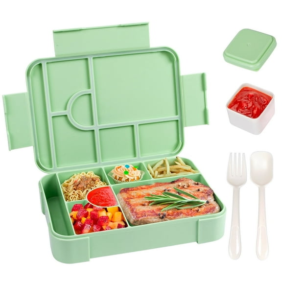 OKKEAI Bento Box, 6 Individual Compartments Plastic Bento Boxes with a Spoon and a Fork, Green Lunch Box