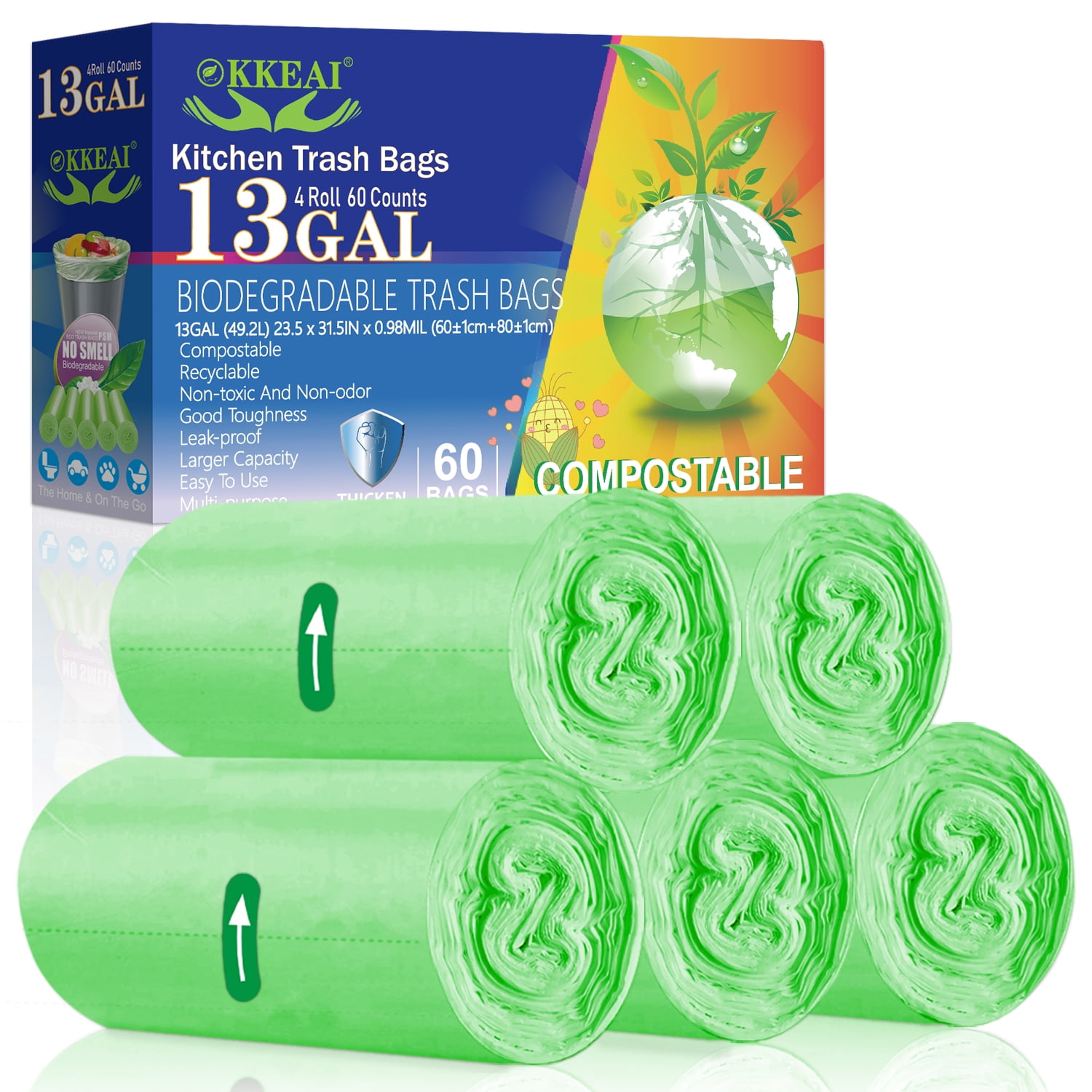 OKKEAI Large Garbage Bags 13 Gallon Tall Kitchen Green Trash Bags 49 ...