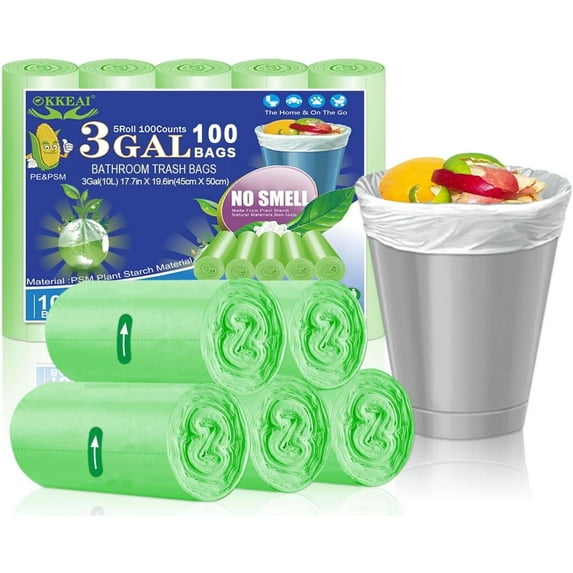 OKKEAI 10L Wastebasket Bin Liners 3Gallon Trash Bags for Bathroom Kitchen ,100 Count,Green.
