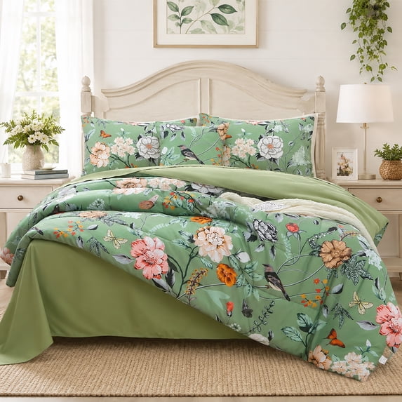 OKKEEY 6-Piece Sage Green Floral Bedding Sets for Adults, King Size Bed in a Bag Reversible Comforter and 2 Pillow Shams for All-Season