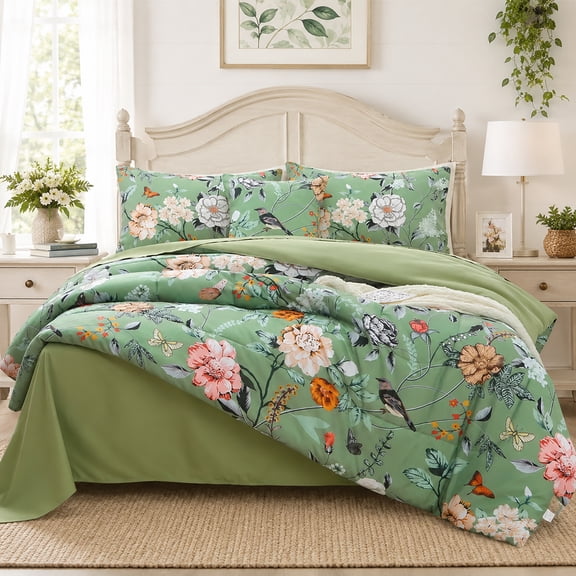 OKKEEY 6-Piece Sage Green Floral Bedding Sets for Adults, King Size Bed in a Bag Reversible Comforter and 2 Pillow Shams for All-Season
