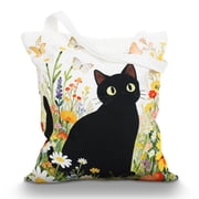 Canvas Tote Bag for Women, Cute Small Black Cat with Flowers Print, Lightweight & Sturdy Canvas Shopper with Inner Pocket