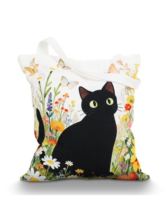 Canvas Tote Bag for Women, Cute Small Black Cat with Flowers Print, Lightweight & Sturdy Canvas Shopper with Inner Pocket