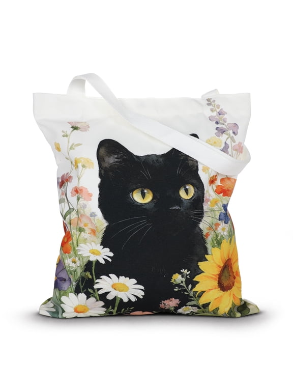 Canvas Tote Bag for Women, Mysterious Black Cat in Flowers Print, Aesthetic Large Tote Bag for Daily Use, Shopping, Grocery, Travel