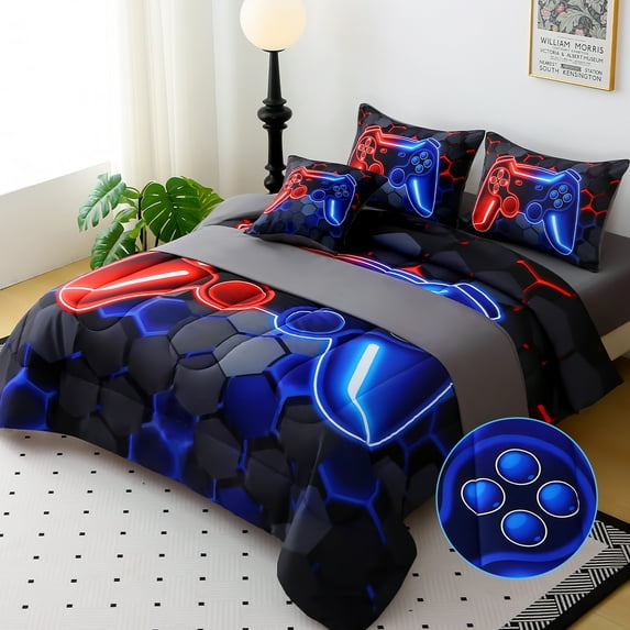 OKKEEY Ful Comforter Sets Clearance, 6 Pcs Boys Gaming Bed in a Bag with Sheets, All Season Soft Microfiber Red-Blue Gamepad Bedding Set for Kids Teens
