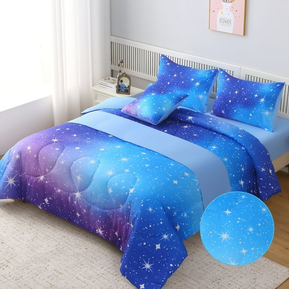 OKKEEY Glitter Theme Comforter Set for Teens Girls Kids, Full Size 6 Pcs Gradient Star Blue Bed in a Bag, Colorful Rainbow Bedding Sets Gift