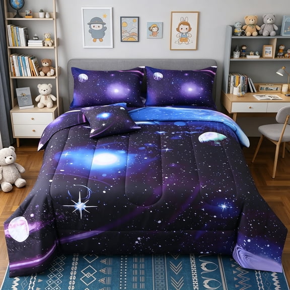 OKKEEY Galaxy Bedding Sets for Teen Boy, 6 Pcs Full Microfiber Comforter Set for Kids, Girls, All Season Purple Outer Space Theme Bed in a Bag with Sheets & Pillowcases