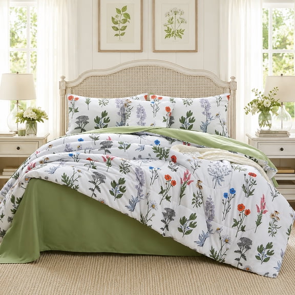 OKKEEY King Botanical Floral Comforter Sets, 6-Piece Reversible Microfiber Bed in a Bag with Comforter, Flat Sheet, Fitted Sheet & Pillowcases for All Seasons