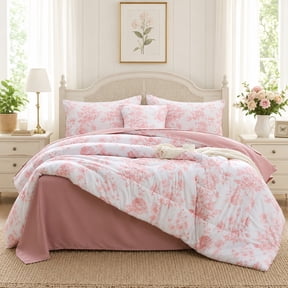 OKKEEY Pink Rose Floral Queen Comforter Set, 6-Piece Bed in a Bag with Flowers Print, Soft Microfiber All-Season Bedding with Comforter, Flat Sheet, Fitted Sheet
