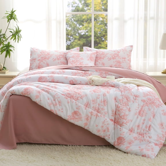 OKKEEY Pink Rose Floral Queen Comforter Set, 6-Piece Bed in a Bag with Flowers Print, Soft Microfiber All-Season Bedding with Comforter, Flat Sheet, Fitted Sheet