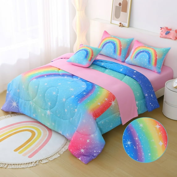 OKKEEY 6 Pcs Girls Kids Comforter Set Queen Size, Pink Blue Gradient Star Rainbow Bed in a Bag with Sheets, Soft Microfiber Bedding Set for Bedroom Decor