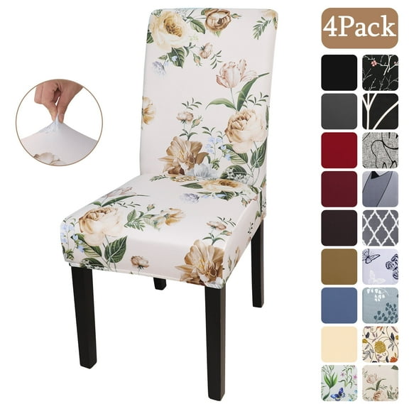 OKKEEY Spandex Chair Covers for Kitchen (Pack of 4) - Washable Stretch Chair Protector for Living Room, Banquet, Wedding Event & Hotel - Beige Peony